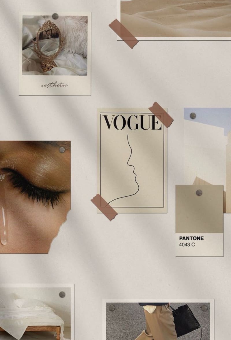 Mood board featuring magazine cover, beauty imagery, color swatches, and curated brand inspiration.
