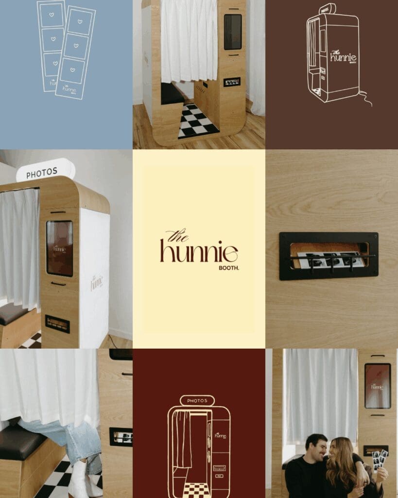 Brand identity and colour palette for The Hunnie Booth featuring warm vintage-inspired branding and website design.