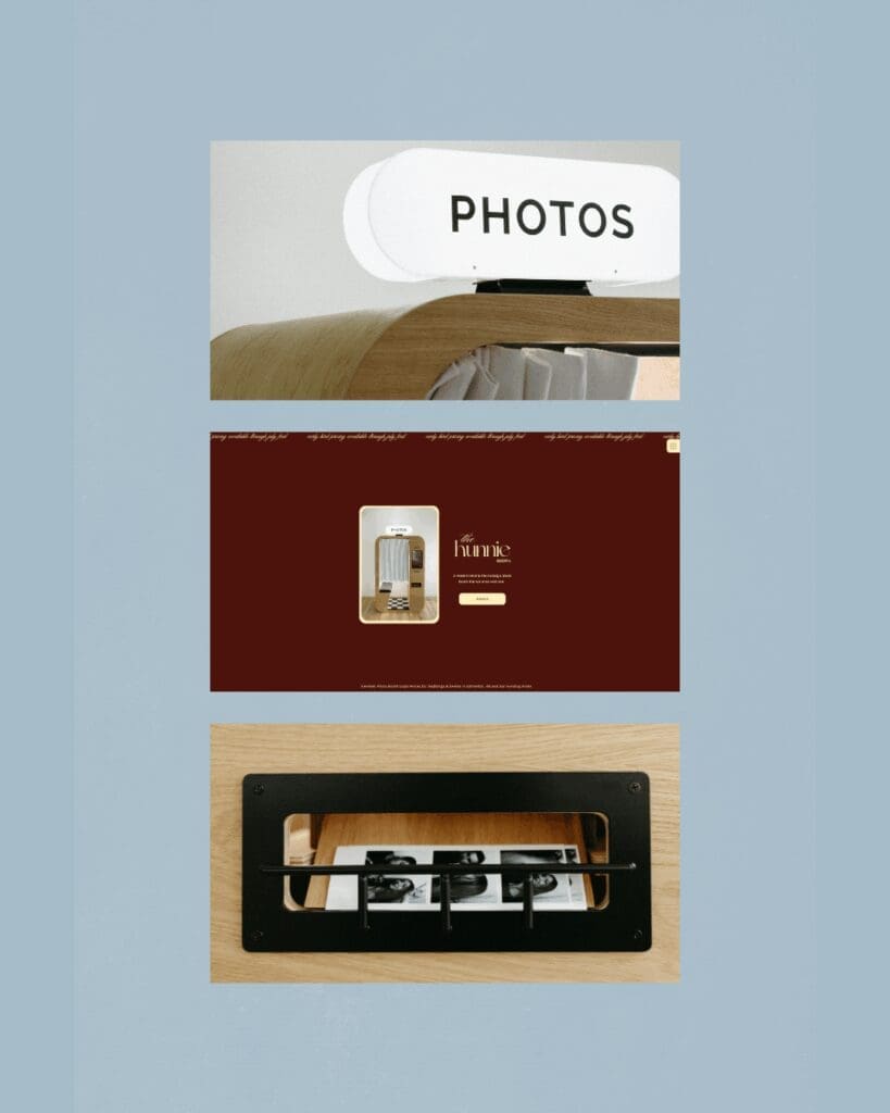 Photo booth branding, website design mockups, and photography for The Hunnie Booth project.