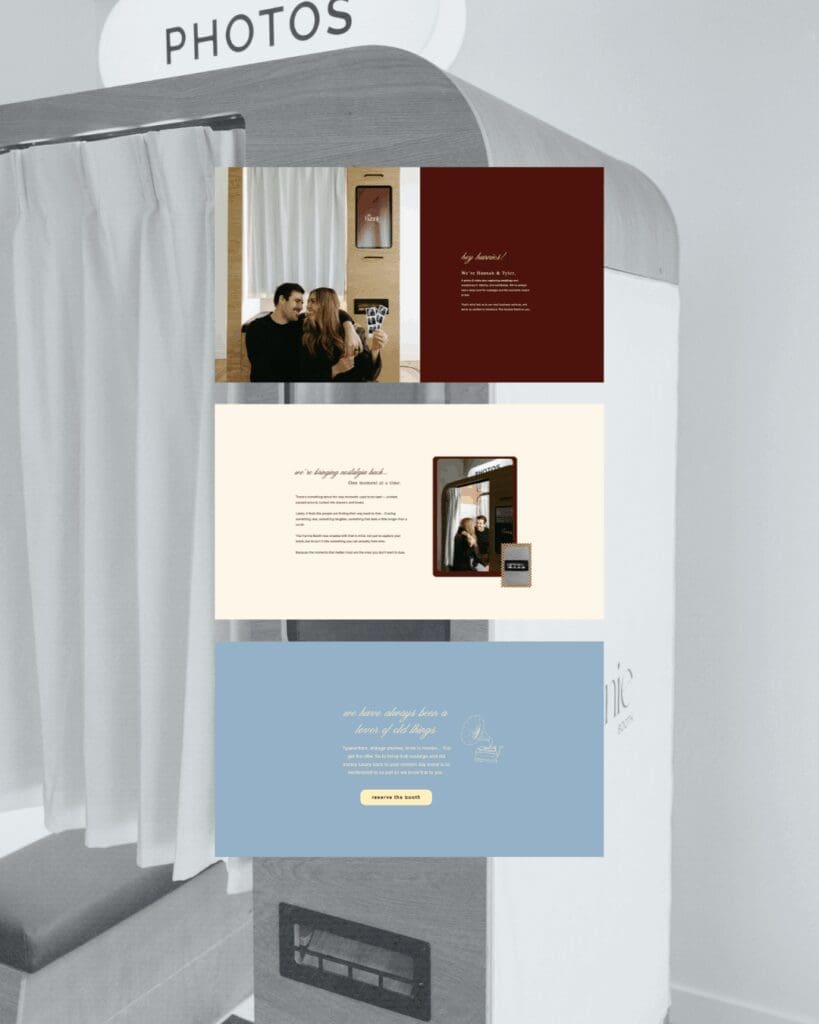 Semi-custom website page previews designed for The Hunnie Booth showcasing a modern vintage-inspired user experience.