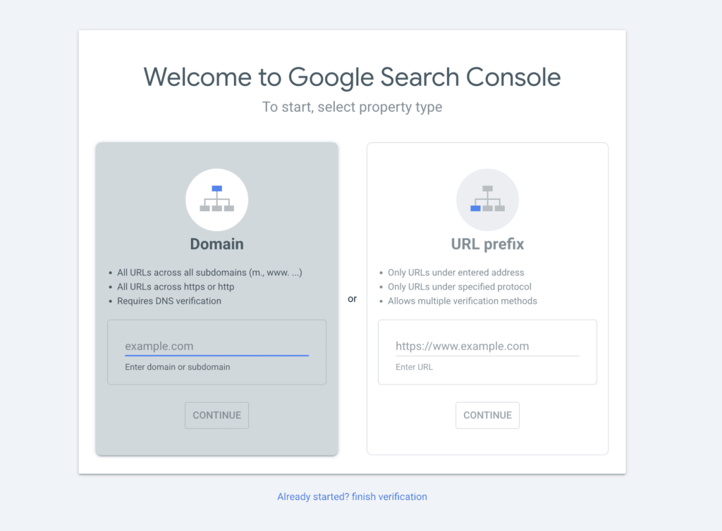 Selecting the Domain property when creating a new Google Search Console property.