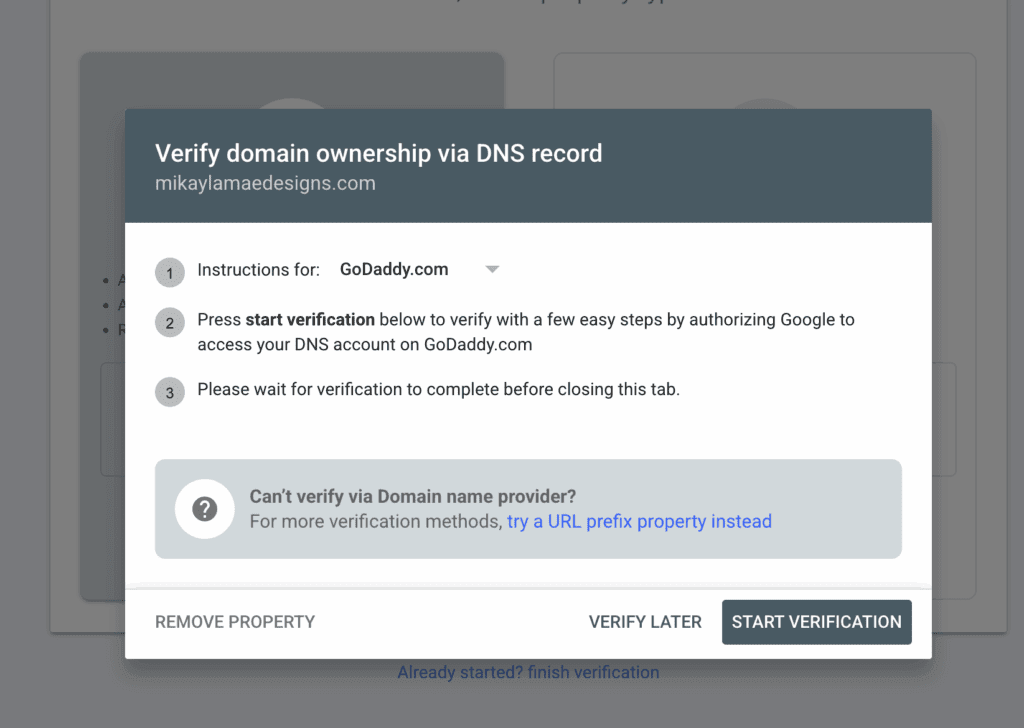 Google Search Console verification screen showing the automatic domain verification option.