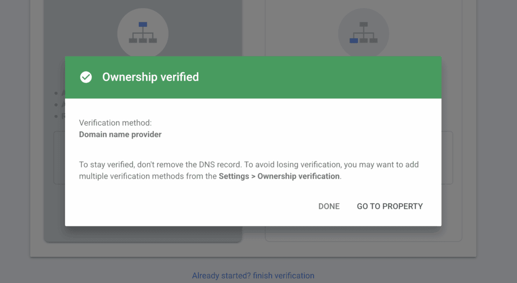 Google Search Console confirmation message showing successful domain verification.